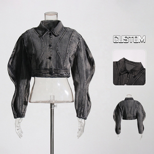 Chaquetas cortas personalizadas para mujer, vaqueros de manga larga, vaqueros, cortavientos, técnicas de lavado con botones, tops vaqueros para mujer - Product Image 1