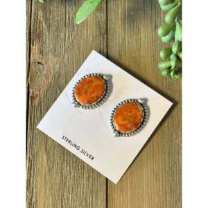 Navajo Made Vintage Apple Coral & <b>Sterling</b> <b>Silver</b> <b>Stud</b> <b>Earrings</b> - Product Image 3