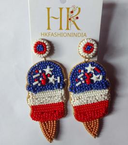 Vente en gros de boucles d'oreilles en perles plaqué or Popsicle fabriquées à la main style patriotique rouge blanc bleu pour les mariages cadeaux fêtes fiançailles - Product Image 3