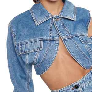 Brand New Custom Made Autumn Winter Gradient Denim Jacket <b>Women</b> American Washed Distressed Plain <b>Short</b> Lapel Denim Jacket - Product Image 4