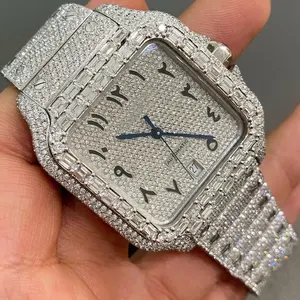 Relógio de pulso hip hop masculino com mostrador quadrado numerário romano e elegante, com diamantes naturais e clareza VVS aprimorada