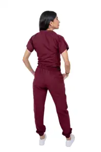 Women's Surgical Jogger Wine Scrub Set Short Sleeve Mao-Neck Top And Jogger Pants Custom