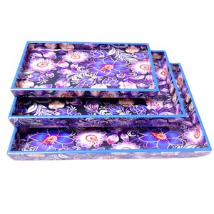 Color y tamaño personalizados disponibles Juego de 3 bandejas de madera de alta calidad con asas de metal chapadas en oro Bandeja de centro de mesa - Product Image 5
