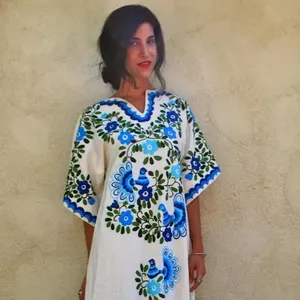 New Design Indian Hand Embroidery White Kaftan Wide Sleeves For Women Summer Beach Wear Kaftan Gift For Her