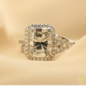 ชุดแหวนเจ้าสาวสีมรกตสุดหรูแหวนหมั้นแบบฮาโลพร้อมสายคาดแต่งงาน - Product Image 5