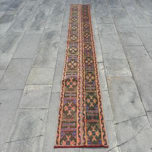 Turkish 1.3x9.8 ft Rug, <b>Runner</b> Vintage Rug, <b>Red</b> Blue Southwestern Wool Rug - Product Image 1