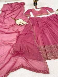 A-Line Mezcla de seda Bordado pesado Semicosido Nupcial Lehenga Choli Set Incluye Net Dupatta Lavable Natural para fiesta - Product Image 6