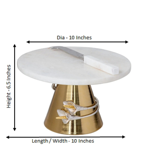 Elégant support à gâteau en marbre de qualité supérieure avec base en métal doré et feuille de métal coulé et motif floral - Product Image 2