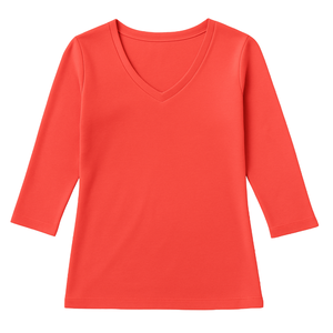 เสื้อยืดผู้หญิงสีแดง แขน 3/4 คอวี ผ้าฝ้ายออร์แกนิค 100% คุณภาพพรีเมียม ผ่านการรับรอง GOTS ยืดตัวน้อย นุ่ม ระบายอากาศดี ทรงคลาสสิก - Product Image 1