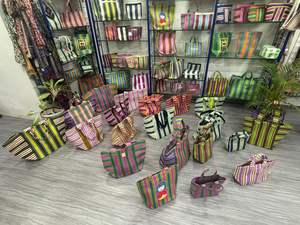 Stylish Everyday Recycled <b>Nylon</b> Colorful Woven Striped Handbag Compact Lightweight Eco-friendly Reusable for Supermarket Use - Product Image 2