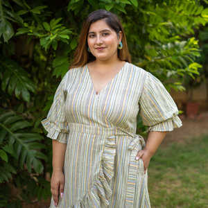 Verano Venta caliente vestido a rayas vestidos de noche casuales para mujeres con cuello en V profundo manga larga elegante Lino hasta la rodilla ODM - Product Image 2