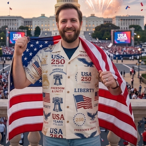 เสื้อเชิ้ตคัมป์คอลลาร์พิมพ์ลายดีไซน์เนอร์ US Freedom Liberty Unity ฉลองครบรอบ 250 ปีสหรัฐอเมริกา สำหรับผู้ชาย - Product Image 1