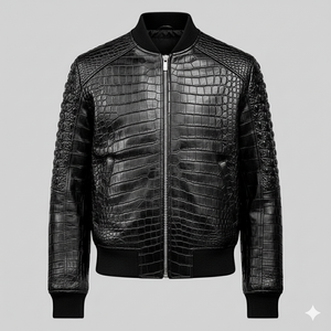 แจ็คเก็ตบอมเบอร์หนังสีดำสุดหรู - แจ็คเก็ตสตรีทแวร์ลายพิมพ์นูนสำหรับฤดูหนาว - กันลมและเป็นมิตรกับสิ่งแวดล้อม - Product Image 1