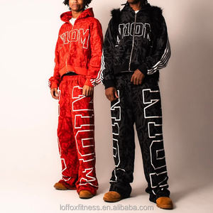 Hiver, Personnalisé par le fabricant, Logo sérigraphié, Streetwear, Sweat à capuche zippé oversize, Pantalon de survêtement droit, ample et carré - Product Image 3