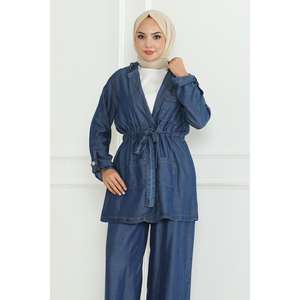 Conjunto de Mezclilla Azul Oscuro con Detalle de Cordones, Estilo Casual para Club, Largo Midi, Tela de Lana, Temporada Verano-Otoño, Talla 2XL, Top Corto con Logotipo 19209 - Product Image 2