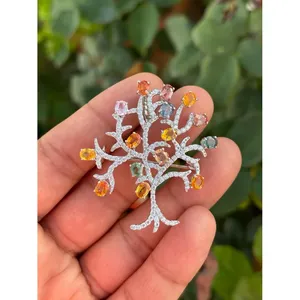 925 Silver Multi-Sapphire <b>Tree</b> Brooch & Pendant Gold Plated with Diamond for Engagement Wedding or Party - Product Image 1