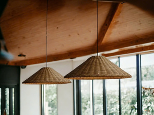 Midcentury Vintage <b>Kitchen</b> <b>Lamp</b> with Woven Rattan Shade Brown Beige Handmade Pendant Lights Cone Design from Vietnam - Product Image 2