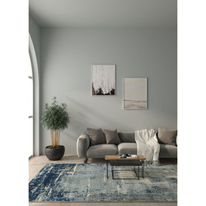 Tapis Tattvam bleu noué à la main en laine et soie de bambou LRB-9032 pour salon/chambre, motif abstrait rectangulaire, fabriqué en coton - Product Image 5