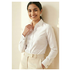 Embroidered Silk Women's Office <b>Shirt</b> with Chiffon Detail Simple Design <b>White</b> Color <b>Double</b> <b>Cuff</b> - Product Image 2