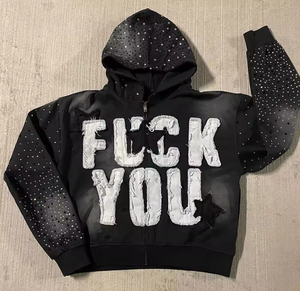 เสื้อแจ็คเก็ตซิปผู้ชายประดับพลอยเทียมปักลายกำหนดเองได้เสื้อฟลีซซักแบบวินเทจมีฮู้ดผ้าคอตตอน100% สไตล์สตรีทแวร์ - Product Image 1