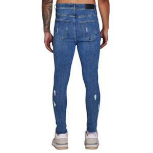 Jeans strappati a spruzzo da uomo in stile blu medio aderente aderente strappati stile Skinny Look di tutti i giorni robusto Streetwear Jeans Denim