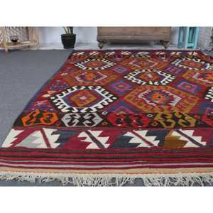 5.5x8.5 ft Rug, Vintage Turkish Rug, <b>Red</b> Kilim <b>Wool</b> Rug - Product Image 5
