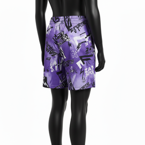 Shorts en mesh polyester violet, tissu respirant et à séchage rapide, imprimé graffiti noir et blanc, sublimation, logo personnalisé, shorts pour femmes - Product Image 3