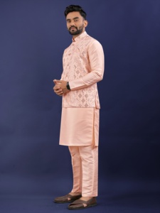 Heavy Designer Pure Silk Mirror Work Jacket Kurta Pijama Set - Product Image 4