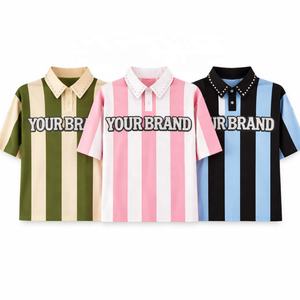 Polo de rugby à rayures verticales personnalisé pour hommes, 100 % coton, broderie en strass, coupe ample, style streetwear - Product Image 2