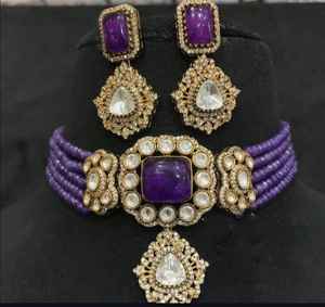 Fashionable Matt Gold Plated Polki Kundan Choker <b>Set</b> with Earrings Stylish <b>Jewellery</b> <b>for</b> <b>Wedding</b> and Anniversary Celebrations - Product Image 5