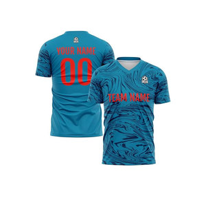 Camiseta de Fútbol Sublimada Personalizada, Cuello en V Azul, Manga Corta, Absorbe la Humedad, 100% Poliéster, Nombre del Equipo Impreso para Hombre - Product Image 1
