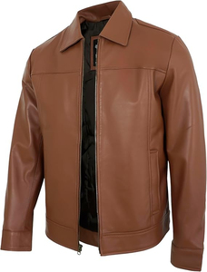 Veste moto en cuir de vache véritable pour homme, col rabattu, fermeture éclair, couleur unie, coupe classique, style automne, imperméable - Product Image 6