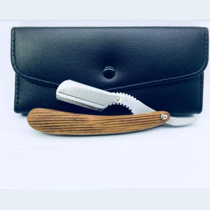 Manche en bois hommes rasoir en acier inoxydable modifiable lame unique barbier pliant rasage rasoir outil avec pochette en cuir Pu noir - Product Image 5