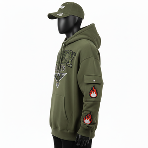 Sweat à capuche pour homme de qualité supérieure 350GSM en polaire doux vert avec panneaux cargo sur les manches, broderie, logo personnalisé, sweat à capuche basique - Product Image 2