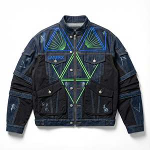 Veste en jean surdimensionnée pour femme personnalisée tendance, impression 3D en relief, panneau en nylon géométrique, patchwork, effet usé, streetwear fini - Product Image 2