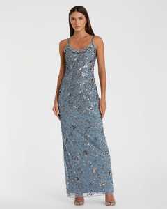 Robe de soirée de mariage de cocktail longue en A-line grise à fleurs sans manches avec col rond et perles de sequins 100% polyester - Product Image 4