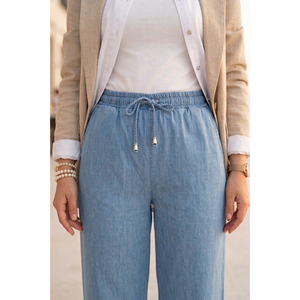 Pantalon en denim Tencel bleu clair avec taille haute élastique et jambe large, style décontracté en toile respirante avec poches - Product Image 2