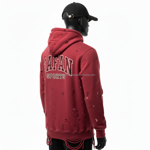 Sweat à capuche premium en molleton épais 360GSM, couleur bordeaux, lavage vintage, avec broderie, logo personnalisé et détails usés, sweat à capuche basique - Product Image 4