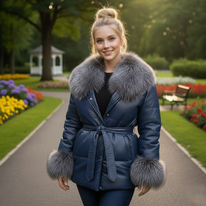 Blouson matelassé en cuir véritable pour femme avec col en fourrure de renard gris, fermeture éclair, coupe-vent, streetwear d'hiver - Product Image 1