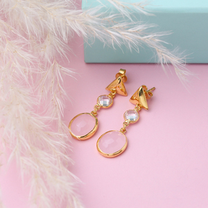 Rosa humo cuarzo forma ovalada piedra triángulo liso 22K oro bisel 925 plata esterlina Stud pendientes - Product Image 4