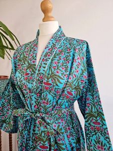 Beautiful Floral Cotton <b>Kimono</b> Hand Block Printed <b>Long</b> <b>Robe</b> Womens <b>Kimono</b> Dressing Gown Bathrobe Nightwear - Product Image 2