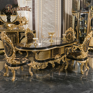 Juego de Comedor de Madera Maciza Europea de Lujo Estilo Villa Real Francesa, Mesa de Comedor Extensible con Acabado Brillante Antiguo, 6/8 Sillas - Product Image 3