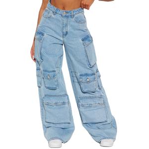 Nouveau Premium OEM Fabricant Poche Taille Haute Streetwear Baggy Denim Dames Long Large Cargo Pantalon avec design personnalisé 100% coton - Product Image 1