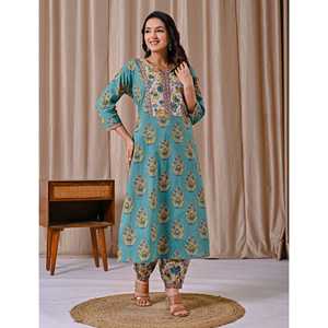 Conjunto de Kurta Afghani de Corte Recto con Estampado Butta Block, Estilo Casual Cian - Product Image 5