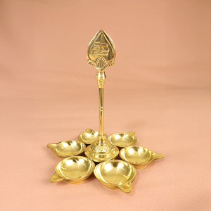 Brass Murugan Vel 6-<b>face</b> Diya with detailed engraving and <b>polished</b> finish for puja rooms, home décor, and festive celebrations - Product Image 4