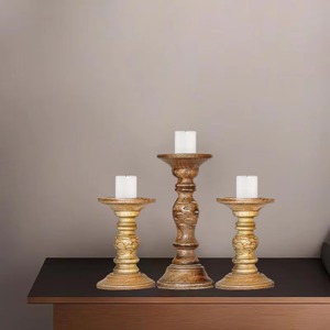 New Arrival <b>Wooden</b> Candle <b>Holder</b> Vintage Style Set Of 3 Pcs Classical Decorated Tabletop Centerpiece - Product Image 3