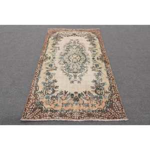 Alfombra turca Vintage de 3,8x6,7 pies, Beige, marrón, clásica, área grande, diseño de retazos rectangulares, Material de lana, látex, respetuoso con el medio ambiente - Product Image 1