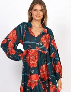 ดอกไม้พิมพ์ผ้าฝ้ายแขนยาวถึงเข่าชายหาดสวมใส่ชุดที่มีนักออกแบบสําหรับผู้หญิงชุดลําลองสวมใส่ - Product Image 1