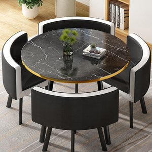 Bộ bàn ăn hiện đại kiểu Pháp tiết kiệm không gian, bàn tròn mặt đá cẩm thạch chân kim loại vàng và 4 ghế, phù hợp cho nhà nhỏ, nhà hàng. - Product Image 2