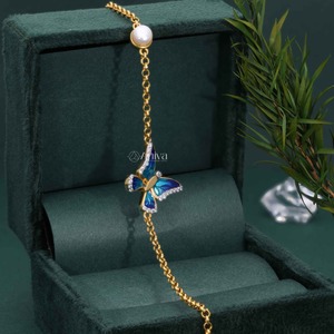 สร้อยข้อมือทองคำสีเหลือง14KT สำหรับผู้หญิงเครื่องประดับหรูหราด้วยเพชรธรรมชาติเคลือบสีฟ้าปีกผีเสื้อมุกสำเนียงสำหรับเป็นของขวัญ - Product Image 3